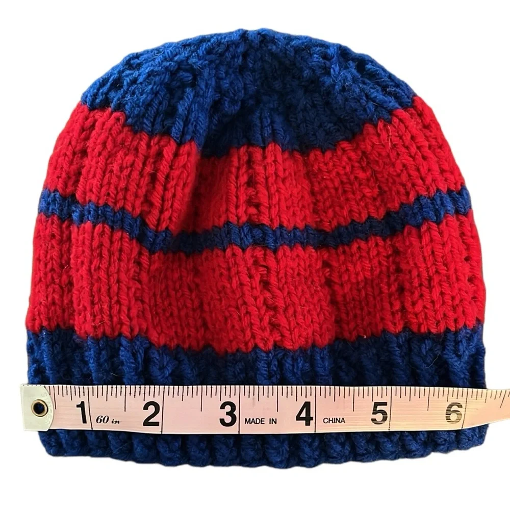 NEW Hand Knit Red Blue Baby Beanie sz 3-6 mos Cubs Bills